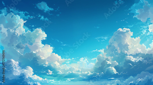 a bright blue sky adorned with fluffy white clouds. The sky is clear  and the clouds create a sense of tranquility