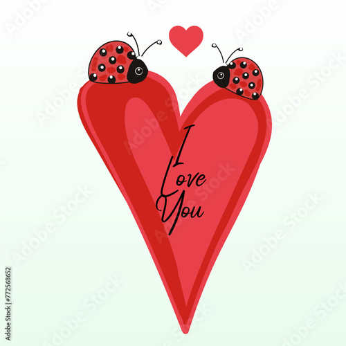 Vector red heart I love you with ladybugs couple