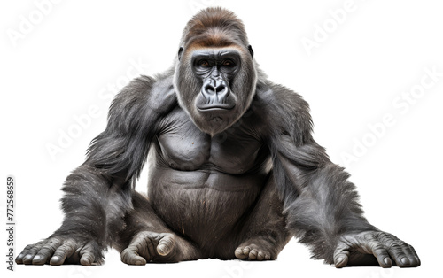 A gorilla sits on the ground with its legs crossed in a serene pose