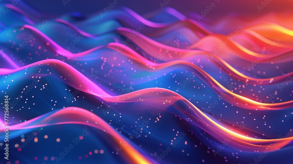 Futuristic Abstract Neon Wave Background with Glowing Pink and Blue Light Lines 3D Fluid Curves and Floating Digital Particles Futuristic Abstract Neon Wave Background with Glowing Pink and Blue Light Lines 3D Fluid Curves and Floating Digital Particles