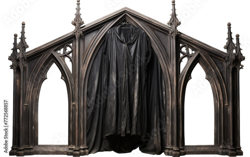 A statue of a cathedral draped with a black cloth, creating a haunting and mysterious scene