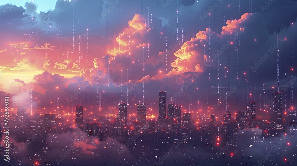 Fototapeta premium Minimalist illustration of clouds shaped like financial symbols raining on a tech city, on a tech investment climate background, concept for the climate of tech investments.