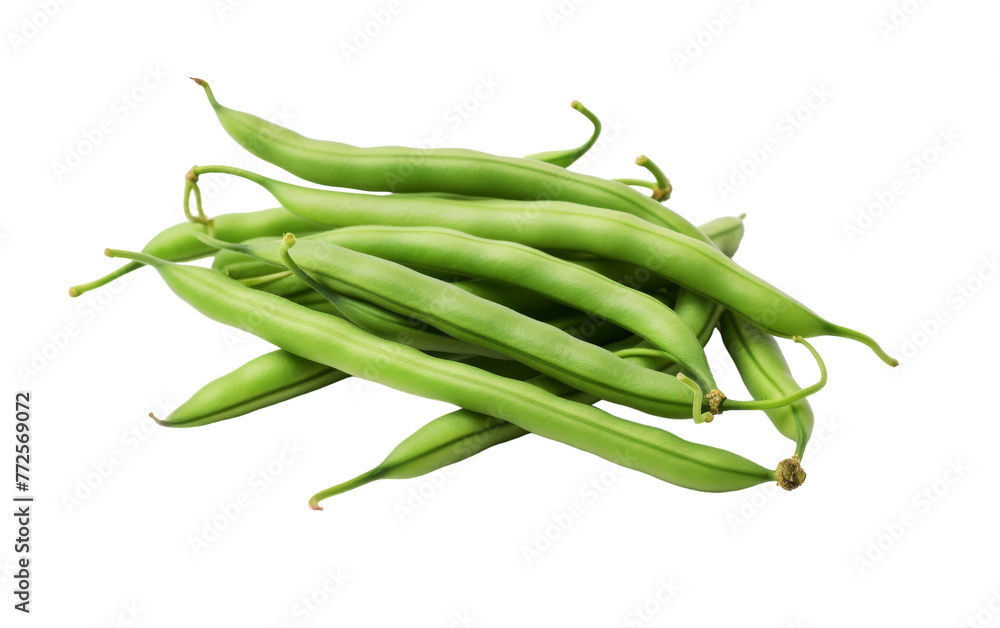 A pile of vibrant green beans resting on a pristine white background A pile of vibrant green beans resting on a pristine white background