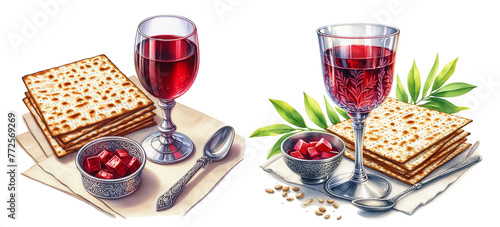 Matzo, wine, menorah for passover celebration on white background with space for text.