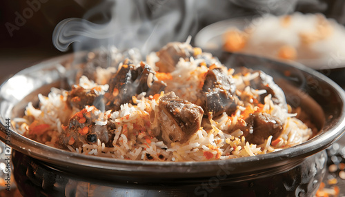 Envision a steaming bowl of fragrant biryani before you layers of long grain rice infused with exot Generative AI photo