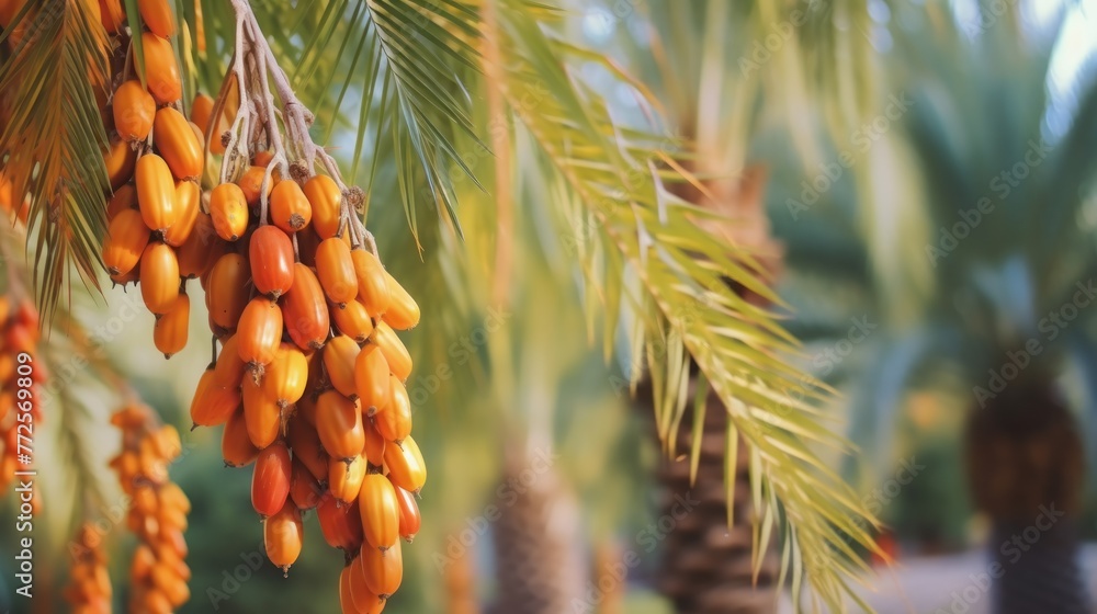 large cluster of ripening dates, mature yellow fruits of a palm tree, close-up - obrazy, fototapety, plakaty 