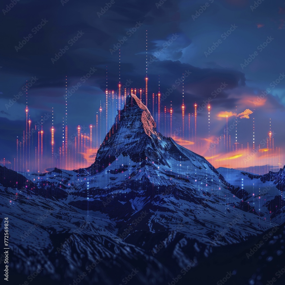 Visualizing financial data on a mountain silhouette symbolizes the quest for enduring stability in long-term market performance. - obrazy, fototapety, plakaty 