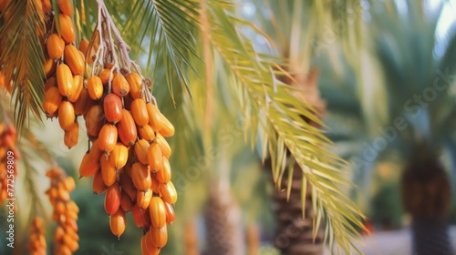 large cluster of ripening dates, mature yellow fruits of a palm tree, close-up photo