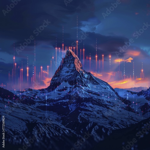 Visualizing financial data on a mountain silhouette symbolizes the quest for enduring stability in long-term market performance.