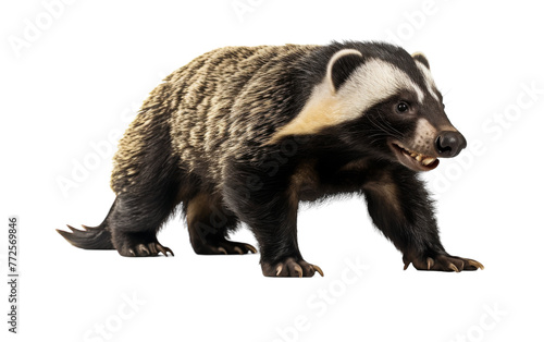 A badger with mouth agape, standing on hind legs in a majestic pose