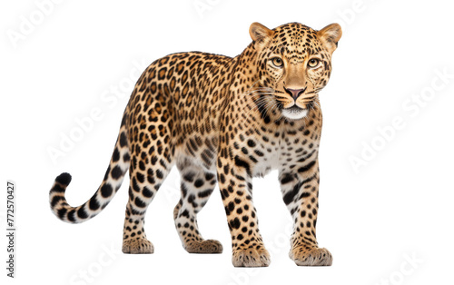 A large leopard stands proudly on a white surface, its powerful presence captivating all who observe