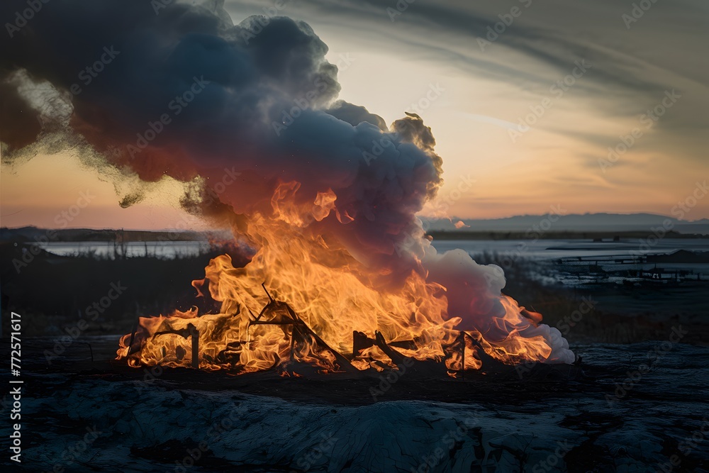 Fototapeta premium Natures destructive force unleashed in burning fire and smoke