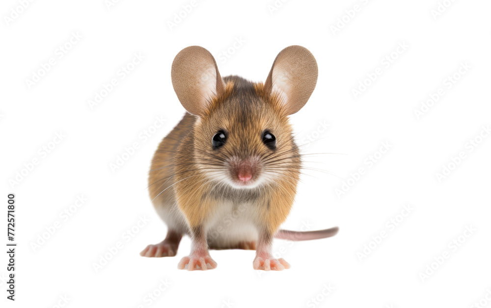 A playful brown and white mouse exploring a white background A playful brown and white mouse exploring a white background