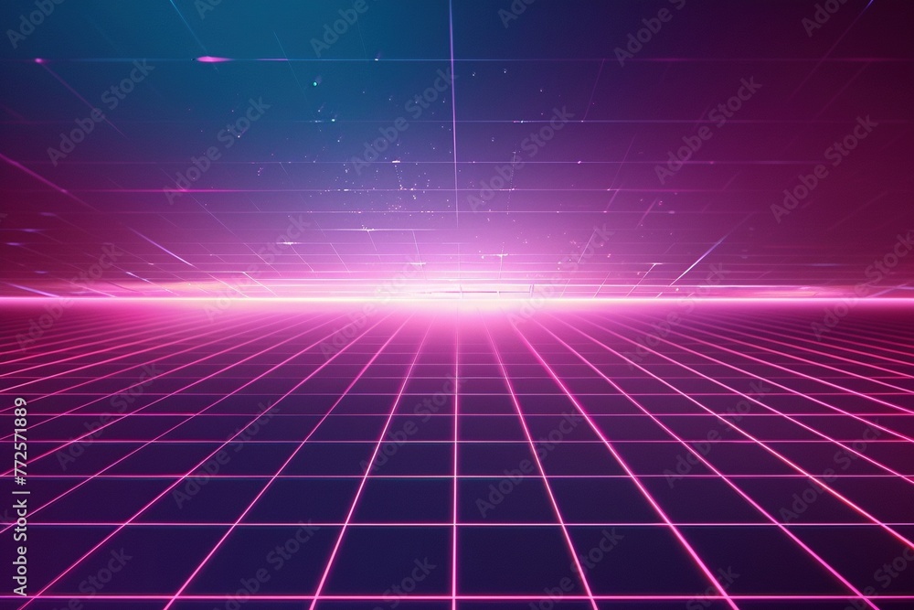 A vibrant 80s-inspired synthwave background with a neon grid overlay and a pulsating light gradient. The central area is kept clear and dark, ideal for displaying your custom text