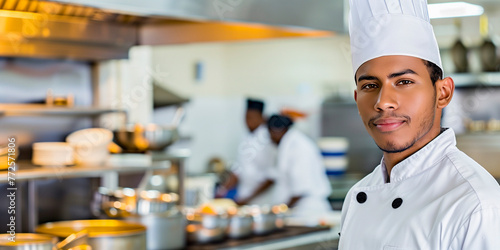 portrait of a young african american professional chef in his chef's jacket in the kitchen of a restaurant - restaurant business and professional chef concept