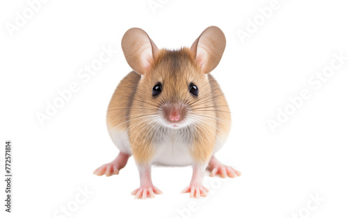 A brown and white mouse sits gracefully on a pristine white floor