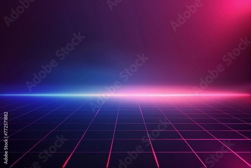 A captivating 80s retro synthwave background featuring a digital grid and a mesmerizing glowing light gradient. The center boasts a clear, dark space perfect for adding your own text