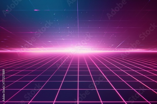 A vibrant 80s-inspired synthwave background with a neon grid overlay and a pulsating light gradient. The central area is kept clear and dark  ideal for displaying your custom text