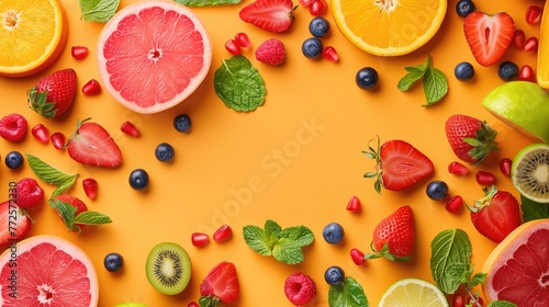 Creative layout made of fresh fruits and berries on color background  top view