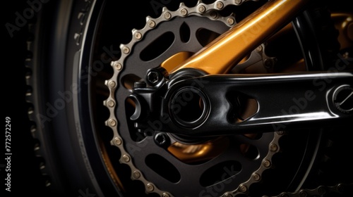 Detail for a road bike on a black background. Old school crankset and chainrings close-up. photo