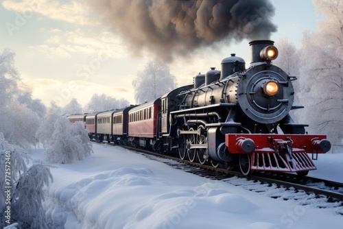 Antique steam locomotive embarking on snowy fairytale journey through nature