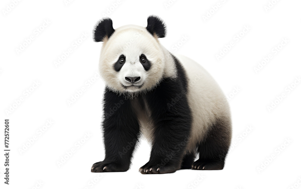 A majestic panda bear stands tall against a bright white background