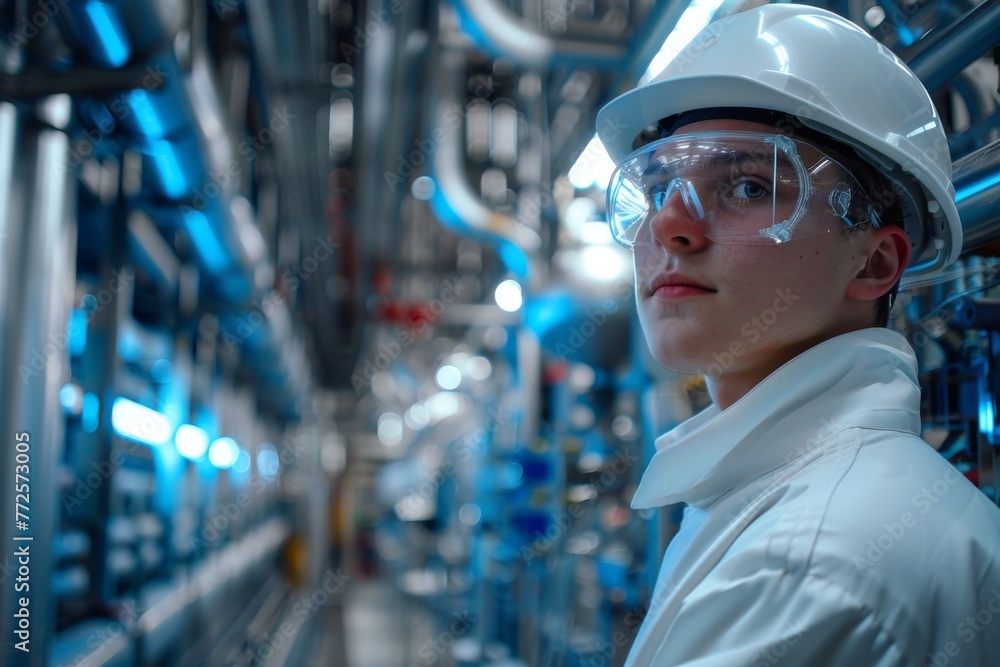 Confident young engineer with hard hat in an industrial setting Confident young engineer with hard hat in an industrial setting