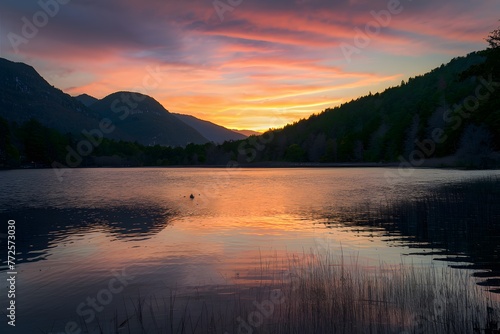Picturesque sunset scene bathes the lake in warm, golden hues