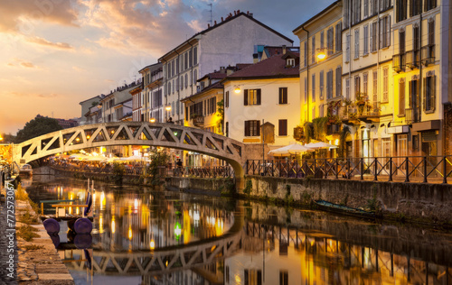 Peaceful Evening at Milan's Navigli Canal, Featuring the Arched Bridge photo