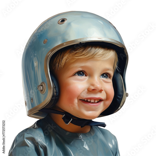 A happy toddler in an electric blue helmet, resembling sports gear or a hard hat, is smiling for the camera with flash photography on transparent © pngking