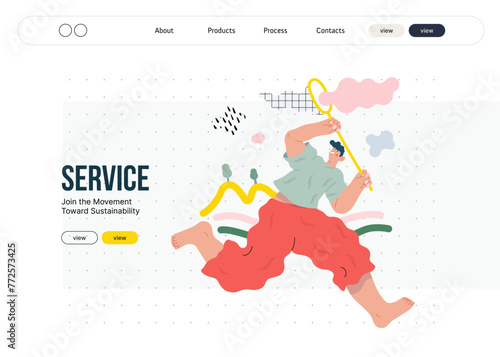 Life Unframed: Cloud catcher -modern flat vector concept illustration of running man with butterfly net. Metaphor of unpredictability, imagination, whimsy, cycle of existence, play, growth, discovery