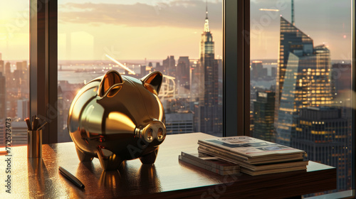 Golden piggy bank on desk, window view of city, finance theme. Sleek golden piggy, desk by window, signifies wealth growth. photo