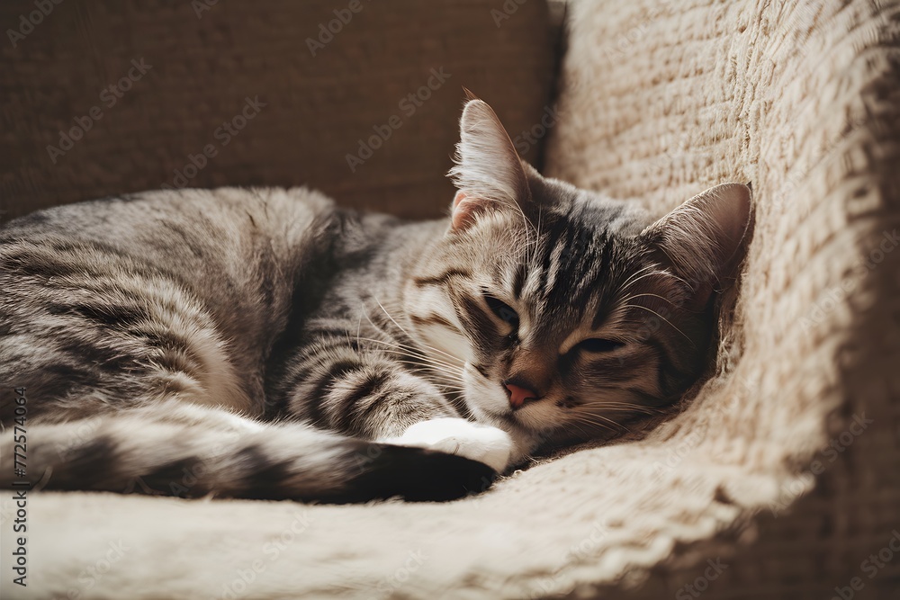 Relaxed cat enjoys a peaceful nap in a cozy setting