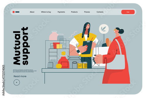 Mutual Support: Bringing groceries to food bank -modern flat vector concept illustration of people donating food to food pantry A metaphor of voluntary, collaborative exchanges of resource, services photo