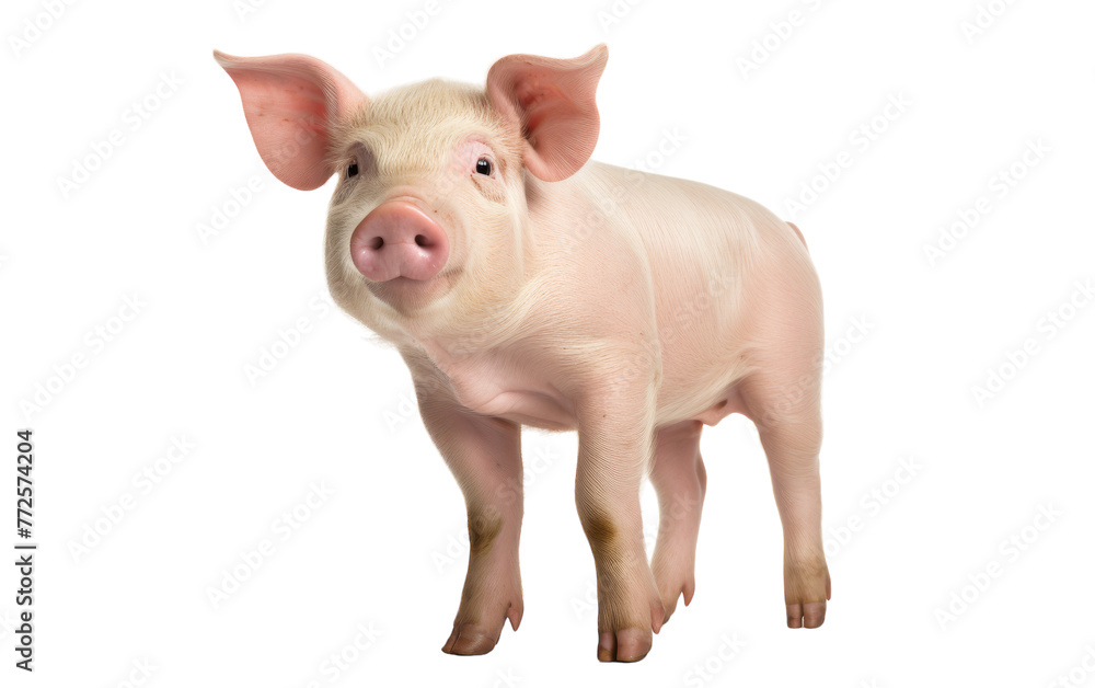 A small pig confidently stands up on its hind legs against a plain white background A small pig confidently stands up on its hind legs against a plain white background