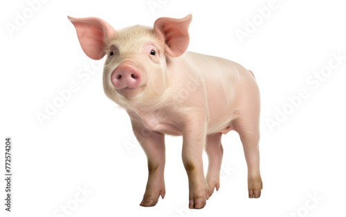A small pig confidently stands up on its hind legs against a plain white background