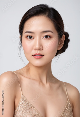 Portrait of a Japanese woman with a serene expression. Her hair is neatly styled, accentuating her clear skin, and subtle makeup accentuating her natural beauty.