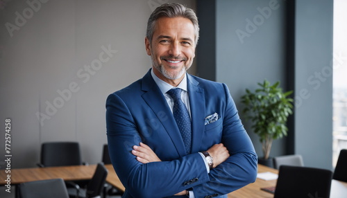 A smiling man, radiating confidence, stands with his arms crossed over his chest in a modern, well-lit office. The businessman is dressed in a strict blue suit with a tie.