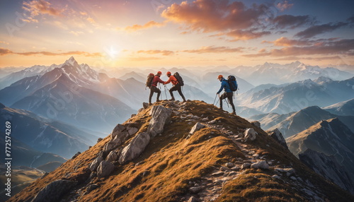 Climbers with backpacks and equipment climb the steep rocky slope of the mountain range. The sun is setting in the background, flooding the sky and surrounding peaks with a golden glow. photo