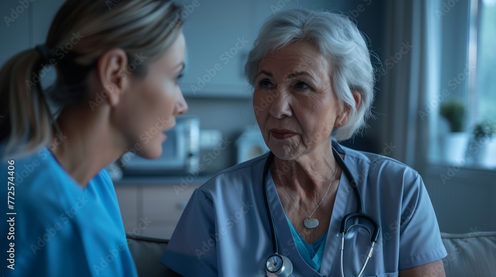 A middle-aged nurse offers assistance to an elderly female doctor. Generated by artificial intelligence. A middle-aged nurse offers assistance to an elderly female doctor. Generated by artificial intelligence.