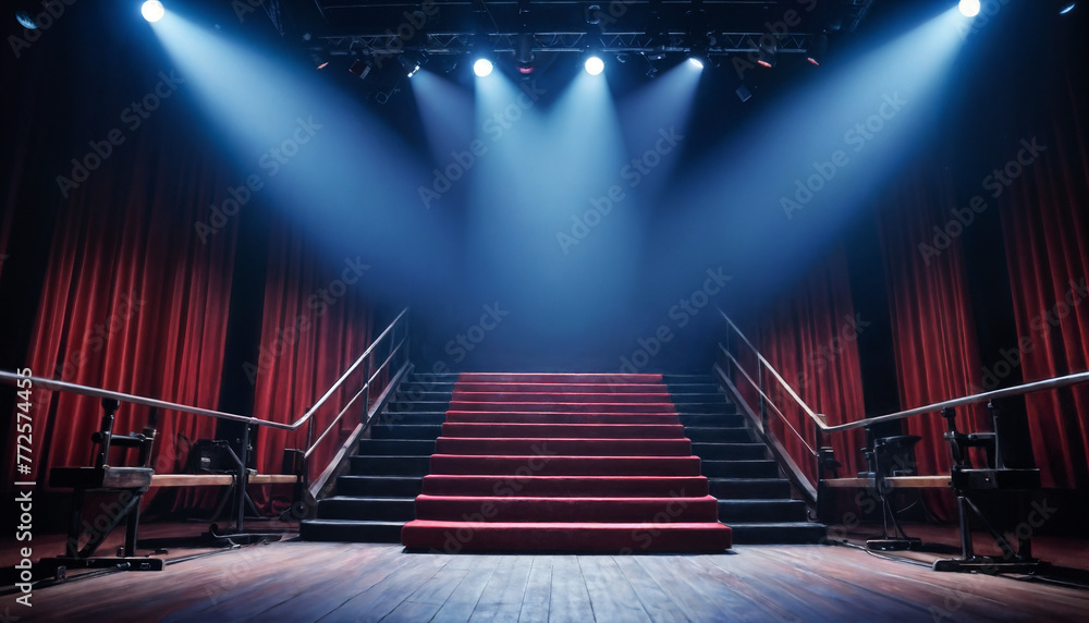 A beautifully lit, empty theater stage awaits a performance with red curtains and a grand staircase under blue spotlights.