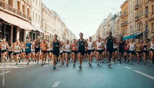 A group of marathon runners legs and feet captured in mid-stride during a race on a sunny street.