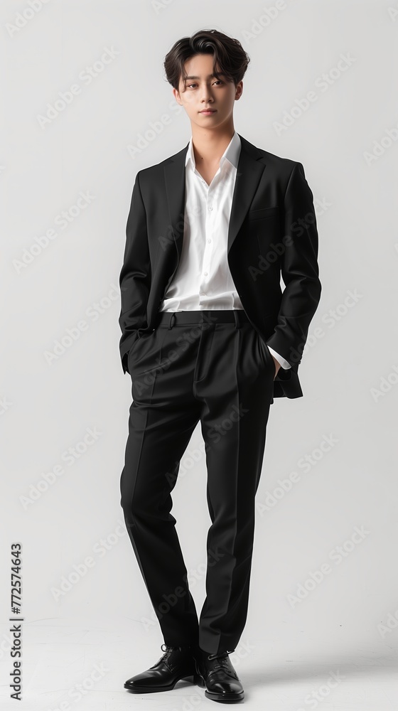 Young Asian businessman in black suit isolated on white background, full body. Young Asian businessman in black suit isolated on white background, full body.