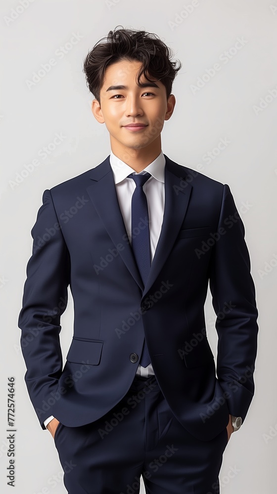 Smiling young Asian businessman in navy blue suit isolated on white background.