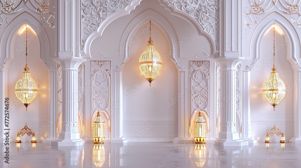 Luxurious Arabian background with ornate lanterns in white and gold ai generative high quality image Luxurious Arabian background with ornate lanterns in white and gold ai generative high quality image