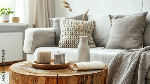 Cozy interior with round wooden table, grey sofa, and decorative items