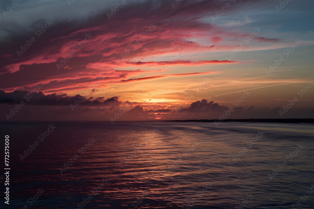 Sea sunset paints sky with vibrant hues, creating mesmerizing landscape