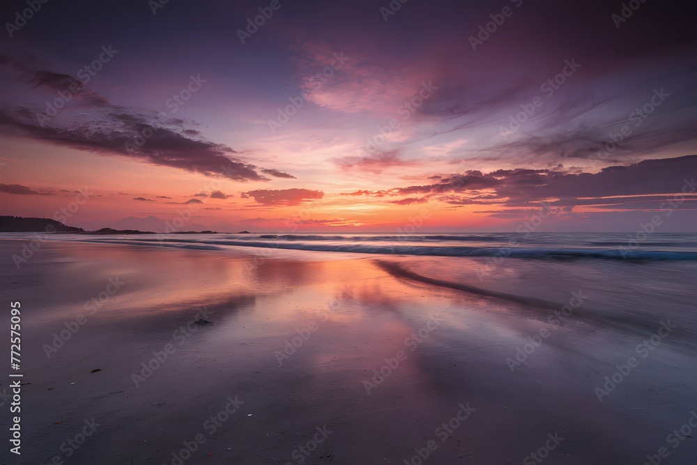 Serene beach scene bathed in the warm hues of sunset
