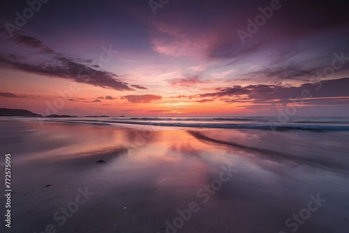 Serene beach scene bathed in the warm hues of sunset