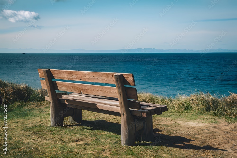 shot Wooden bench with sea view, perfect for relaxation and contemplation